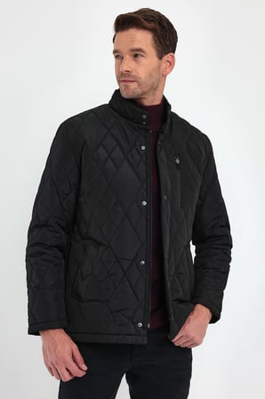 Erkek Siyah Standart Fit Normal Kesim İçi Kürklü Dik Yaka Çıtçıtlı Dolgulu Desenli Overcoat
