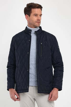 Erkek Lacivert Standart Fit Normal Kesim İçi Kürklü Dik Yaka Çıtçıtlı Dolgulu Desenli Overcoat