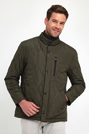 Erkek Yeşil Standart Fit Normal Kesim İçi Kürklü Dik Yaka Çıtçıtlı Dolgulu Desenli Overcoat