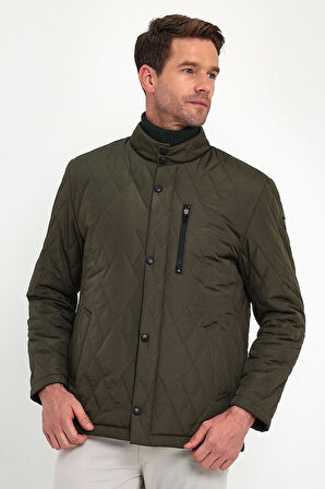 Erkek Yeşil Standart Fit Normal Kesim İçi Kürklü Dik Yaka Çıtçıtlı Dolgulu Desenli Overcoat