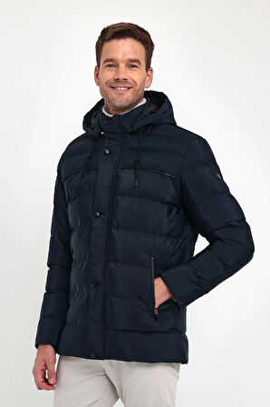 Erkek Lacivert Standart Fit Normal Kesim İçi Kürklü Çıkmalı Kapüşon Dik Yaka Mont