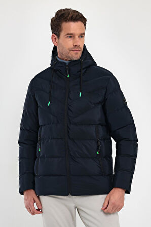 Erkek Lacivert Standart Fit Normal Kesim İçi Kürklü Sabit Kapüşon Dik Yaka Mont