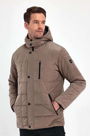 Erkek Krem Standart Fit Normal Kesim Çıkmalı Kapüşon Dik Yaka Mont