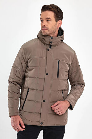 Erkek Krem Standart Fit Normal Kesim Çıkmalı Kapüşon Dik Yaka Mont