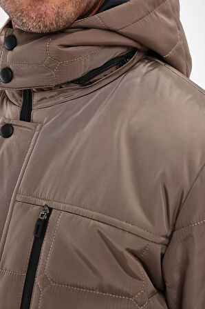 Erkek Krem Standart Fit Normal Kesim Çıkmalı Kapüşon Dik Yaka Mont