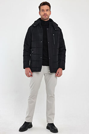 Erkek Siyah Standart Fit Normal Kesim Çıkmalı Kapüşon Dik Yaka Mont