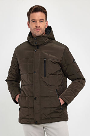 Erkek Kahverengi Standart Fit Normal Kesim Çıkmalı Kapüşon Dik Yaka Mont