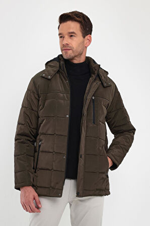 Erkek Kahverengi Standart Fit Normal Kesim Çıkmalı Kapüşon Dik Yaka Mont