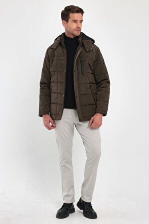 Erkek Kahverengi Standart Fit Normal Kesim Çıkmalı Kapüşon Dik Yaka Mont