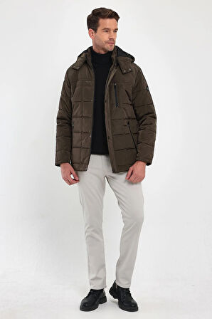 Erkek Kahverengi Standart Fit Normal Kesim Çıkmalı Kapüşon Dik Yaka Mont