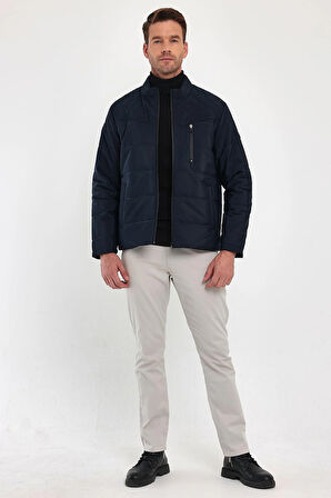 Erkek Lacivert Standart Fit Normal Kesim Dik Yaka Omuz Detaylı Kışlık Mont