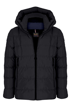 Erkek Siyah Su Ve Rüzgar Geçirmez Sabit Kapüşonlu Pofuduk Yaka Kalın Içi Kürklü Şişme Mont&Kaban