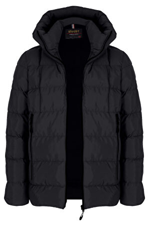 Erkek Siyah Su Ve Rüzgar Geçirmez Sabit Kapüşonlu Pofuduk Yaka Kalın Içi Kürklü Şişme Mont&Kaban