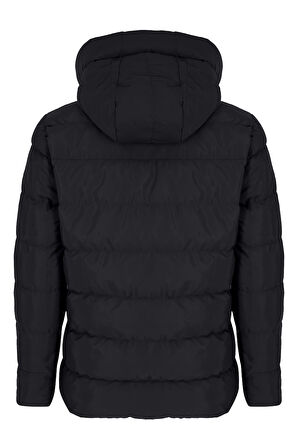 Erkek Siyah Su Ve Rüzgar Geçirmez Sabit Kapüşonlu Pofuduk Yaka Kalın Içi Kürklü Şişme Mont&Kaban