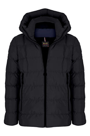 Erkek Siyah Su Ve Rüzgar Geçirmez Sabit Kapüşonlu Pofuduk Yaka Kalın Içi Kürklü Şişme Mont&Kaban