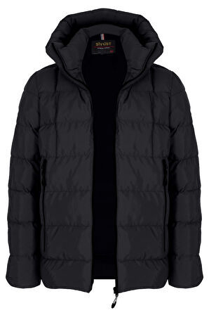 Erkek Siyah Su Ve Rüzgar Geçirmez Sabit Kapüşonlu Pofuduk Yaka Kalın Içi Kürklü Şişme Mont&Kaban