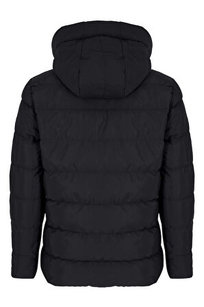 Erkek Siyah Su Ve Rüzgar Geçirmez Sabit Kapüşonlu Pofuduk Yaka Kalın Içi Kürklü Şişme Mont&Kaban