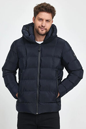 Erkek Lacivert Su Ve Rüzgar Geçirmez Sabit Kapüşonlu Pofuduk Yaka Kalın Içi Kürklü Şişme Mont&Kaban