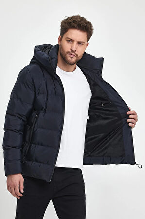 Erkek Lacivert Su Ve Rüzgar Geçirmez Sabit Kapüşonlu Pofuduk Yaka Kalın Içi Kürklü Şişme Mont&Kaban