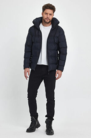Erkek Lacivert Su Ve Rüzgar Geçirmez Sabit Kapüşonlu Pofuduk Yaka Kalın Içi Kürklü Şişme Mont&Kaban