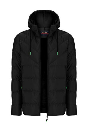 SİVAİST YENİ SEZON ERKEK SİYAH SU VE RÜZGAR GEÇİRMEZ KAPÜŞONLU KALIN ŞİŞME MİGROGELLİ KABAN & MONT