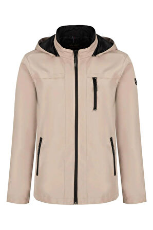 Erkek Krem %100 Su Geçirmez İç Cepli Çıkartılabilir Kapüşonlu Yazlık Mont