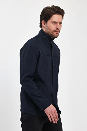 Erkek Lacivert Regular Uzun Mevsimlik Pamuk Polyester Karışımlı Safari Mont&Ceket