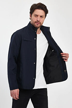 Erkek Lacivert Regular Uzun Mevsimlik Pamuk Polyester Karışımlı Safari Mont&Ceket