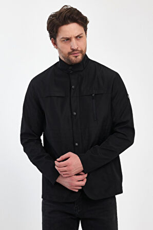 Erkek Siyah Regular Uzun Mevsimlik Pamuk Polyester Karışımlı Safari Mont&Ceket