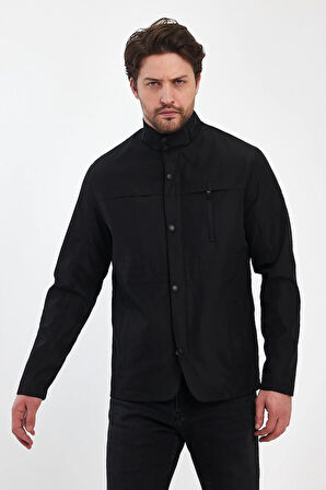 Erkek Siyah Regular Uzun Mevsimlik Pamuk Polyester Karışımlı Safari Mont&Ceket