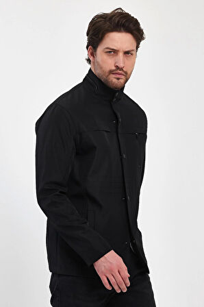 Erkek Siyah Regular Uzun Mevsimlik Pamuk Polyester Karışımlı Safari Mont&Ceket