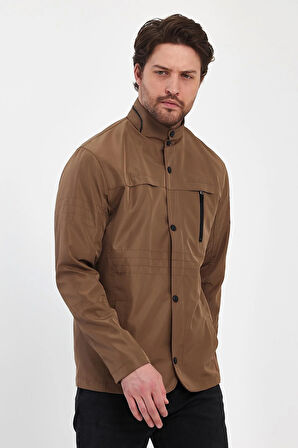 Erkek Kahverengi Regular Uzun Mevsimlik Pamuk Polyester Karışımlı Safari Mont&Ceket