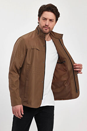 Erkek Kahverengi Regular Uzun Mevsimlik Pamuk Polyester Karışımlı Safari Mont&Ceket