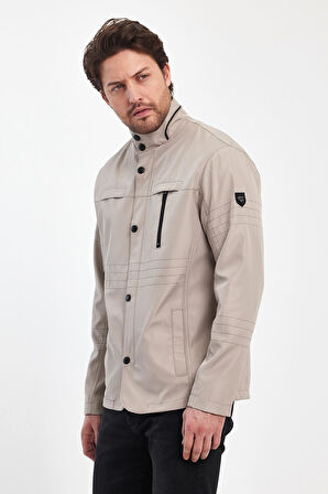 Erkek Açık Krem Regular Uzun Mevsimlik Pamuk Polyester Karışımlı Safari Mont&Ceket