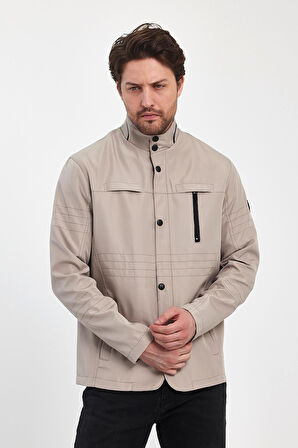 Erkek Açık Krem Regular Uzun Mevsimlik Pamuk Polyester Karışımlı Safari Mont&Ceket
