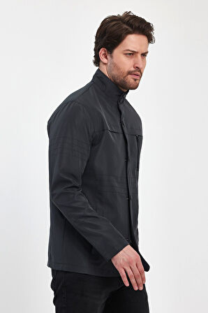 Erkek Gri Hakim Regular Uzun Mevsimlik Pamuk Polyester Karışımlı Safari Mont&Ceket