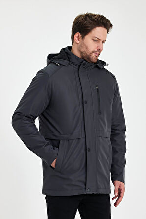 Gri İçi Kalın Kürklü Çıkartılabilir Kapüşonlu Rüzgar Ve Su Geçirmez Mont&Kaban