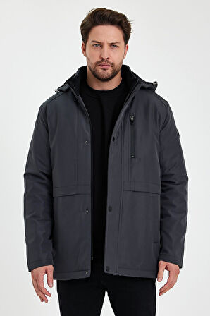 Gri İçi Kalın Kürklü Çıkartılabilir Kapüşonlu Rüzgar Ve Su Geçirmez Mont&Kaban