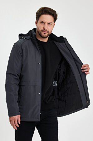 Gri İçi Kalın Kürklü Çıkartılabilir Kapüşonlu Rüzgar Ve Su Geçirmez Mont&Kaban