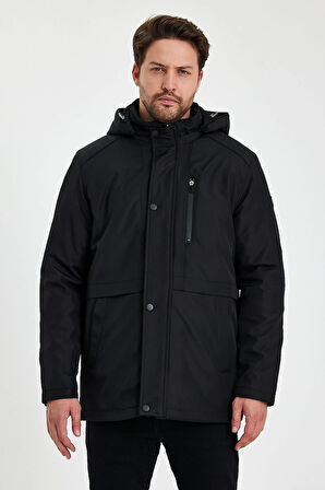 Siyah İçi Kalın Kürklü Çıkartılabilir Kapüşonlu Rüzgar Ve Su Geçirmez Mont&Kaban