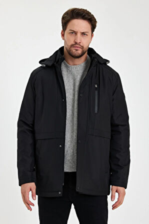 Siyah İçi Kalın Kürklü Çıkartılabilir Kapüşonlu Rüzgar Ve Su Geçirmez Mont&Kaban