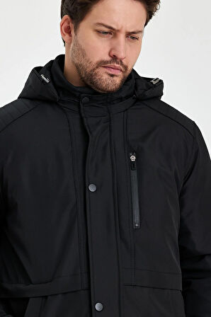 Siyah İçi Kalın Kürklü Çıkartılabilir Kapüşonlu Rüzgar Ve Su Geçirmez Mont&Kaban