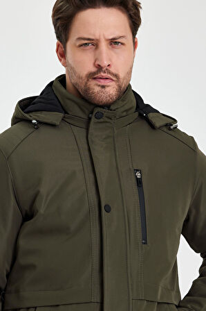 Yeşil İçi Kalın Kürklü Çıkartılabilir Kapüşonlu Rüzgar Ve Su Geçirmez Mont&Kaban