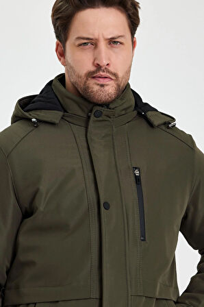 Yeşil İçi Kalın Kürklü Çıkartılabilir Kapüşonlu Rüzgar Ve Su Geçirmez Mont&Kaban