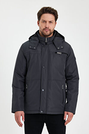 Gri İçi Kalın Kürklü Çıkartılabilir Kapüşonlu Fermuar Çepli Rüzgar Ve Su Geçirmez Mont&Kaban