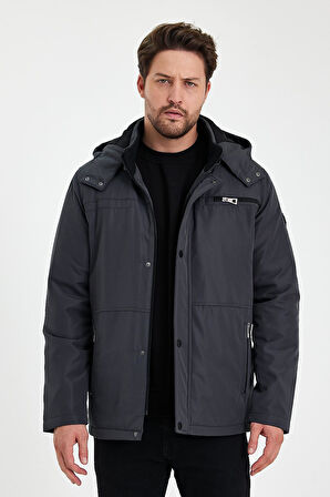 Gri İçi Kalın Kürklü Çıkartılabilir Kapüşonlu Fermuar Çepli Rüzgar Ve Su Geçirmez Mont&Kaban