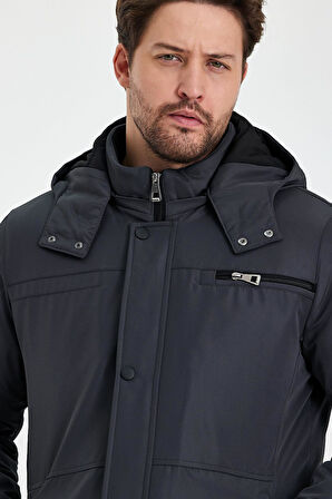 Gri İçi Kalın Kürklü Çıkartılabilir Kapüşonlu Fermuar Çepli Rüzgar Ve Su Geçirmez Mont&Kaban