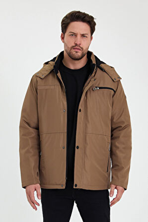 Kahverengi İçi Kalın Kürklü Çıkartılabilir Kapüşonlu Fermuar Çepli Rüzgar Ve Su Geçirmez Mont&Kaban