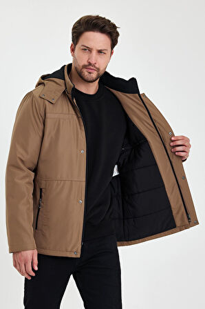 Kahverengi İçi Kalın Kürklü Çıkartılabilir Kapüşonlu Fermuar Çepli Rüzgar Ve Su Geçirmez Mont&Kaban