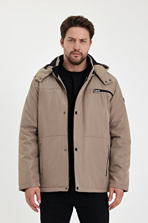 Krem İçi Kalın Kürklü Çıkartılabilir Kapüşonlu Fermuar Çepli Rüzgar Ve Su Geçirmez Mont&Kaban